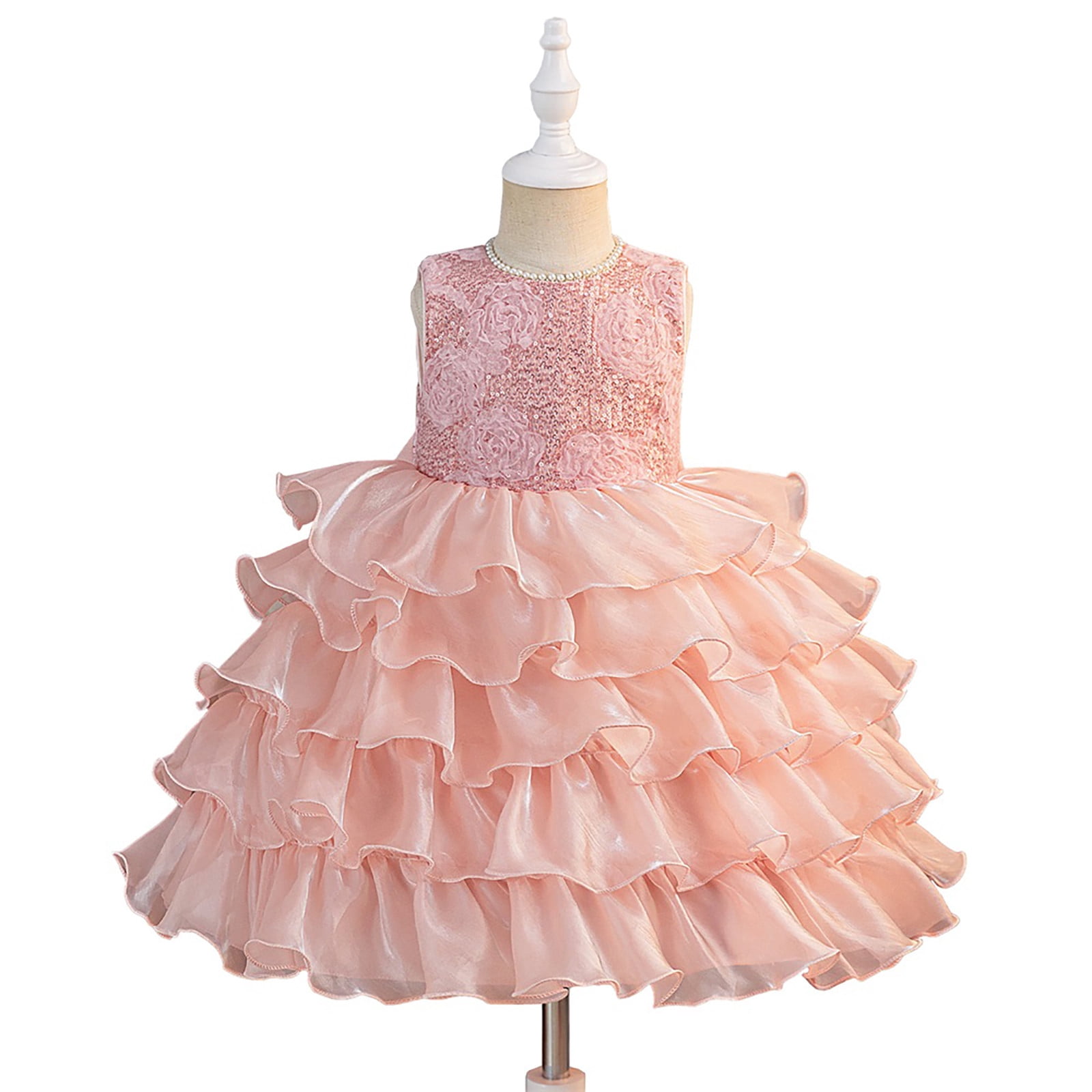 Wdgfv Girls Bow Layered Lace Dress Toddler Flower Girl Wedding Bridesmaid Prom Gowns Pageant Party Formal Gown Pink 150