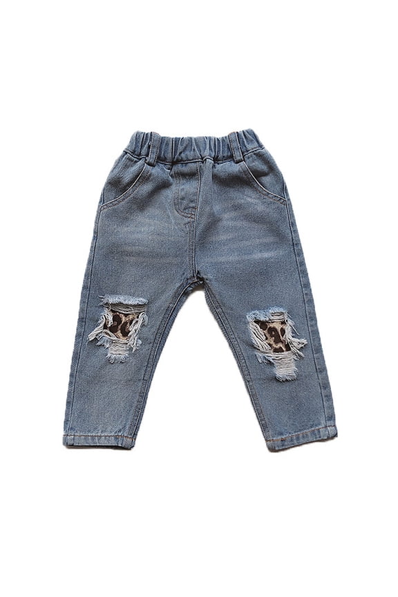 Girls Casual Leopard Print Ripped Denim Jeans Pants Comfortable Outfits For Outdoor Sports Home School Spring Autumn Seasons Blue 15