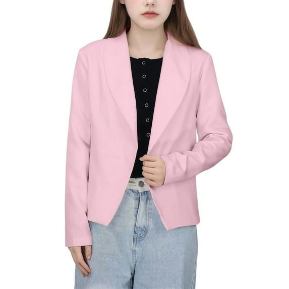 Wdgfv Girls' Coat with Hood Girls Formal Jacket Solid Color Lapel Suit Open Front Long Sleeve Top For Kids Girls Size 5-14 Years Pink 11-12 Years