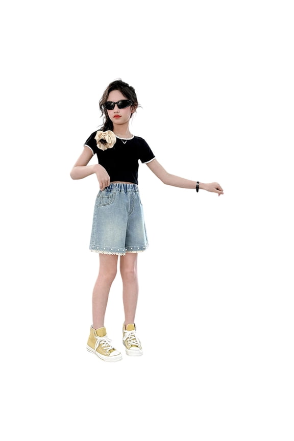 Girls Denim Shorts Summer Fashion Elastic Waist Comfortable Stretchable Casual Playwear for Kids 5-14 Years Blue 11-12 Years