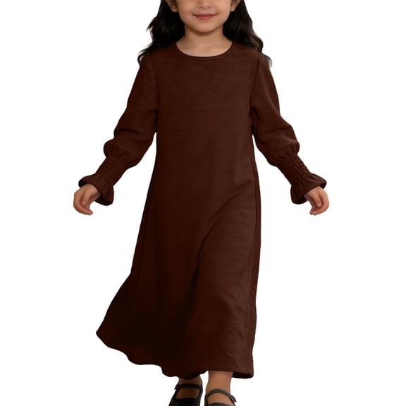 Wdgfv Girls Dress Fall Boho Long Sleeve Shirred Smocked Tiered Party Dresses with Pockets Coffee 7-8 Years