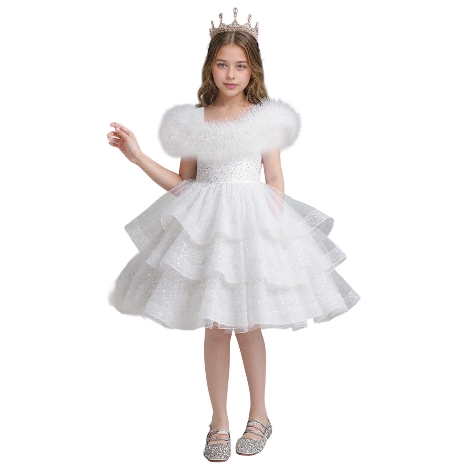 Wdgfv Girls Dress High End Formal Gown Elegant Party Attire Puffy Performance Outfit Details Comfortable Fit For Kids White F