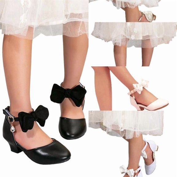 Wdgfv Girls Dress Shoes Mary Jane Low Heel Party Wedding Princess Shoes with Bow Adjustable Strap Closed Toe Holiday Sandals 11-12 Years