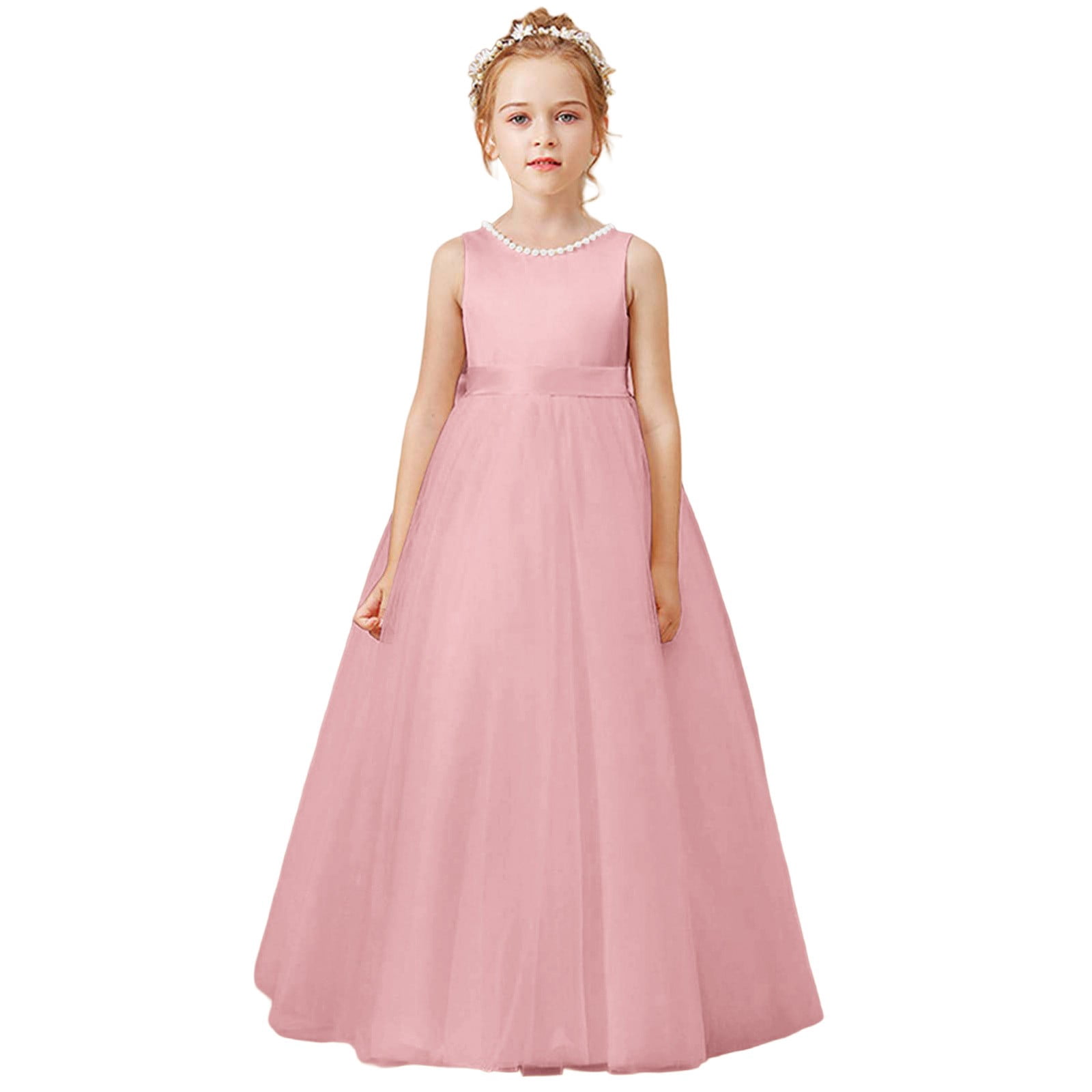 Wdgfv Girls Dresses Elegant Satin Flower Girl Dress for Wedding Party Pageant Gown Stylish Comfortable Design Young Fashionistas Pink 13-14Years