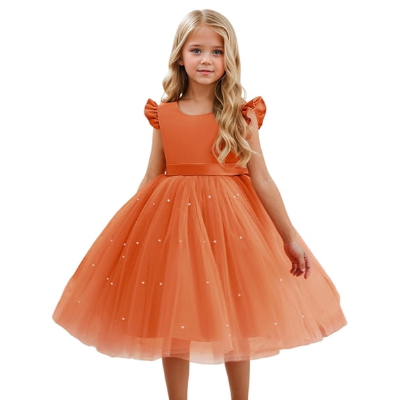 Wdgfv Girls Dresses Flutter Sleeve V Neck Dress Casual Party Performance Spring Summer Fall Outfits Photo Outdoor Comfortable Orange 7-8 Years