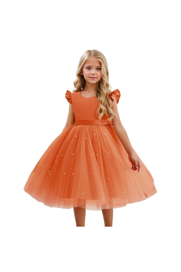 Girls Dresses Flutter Sleeve V Neck Dress Casual Party Performance Spring Summer Fall Outfits Photo Outdoor Comfortable Orange 7-8 Years