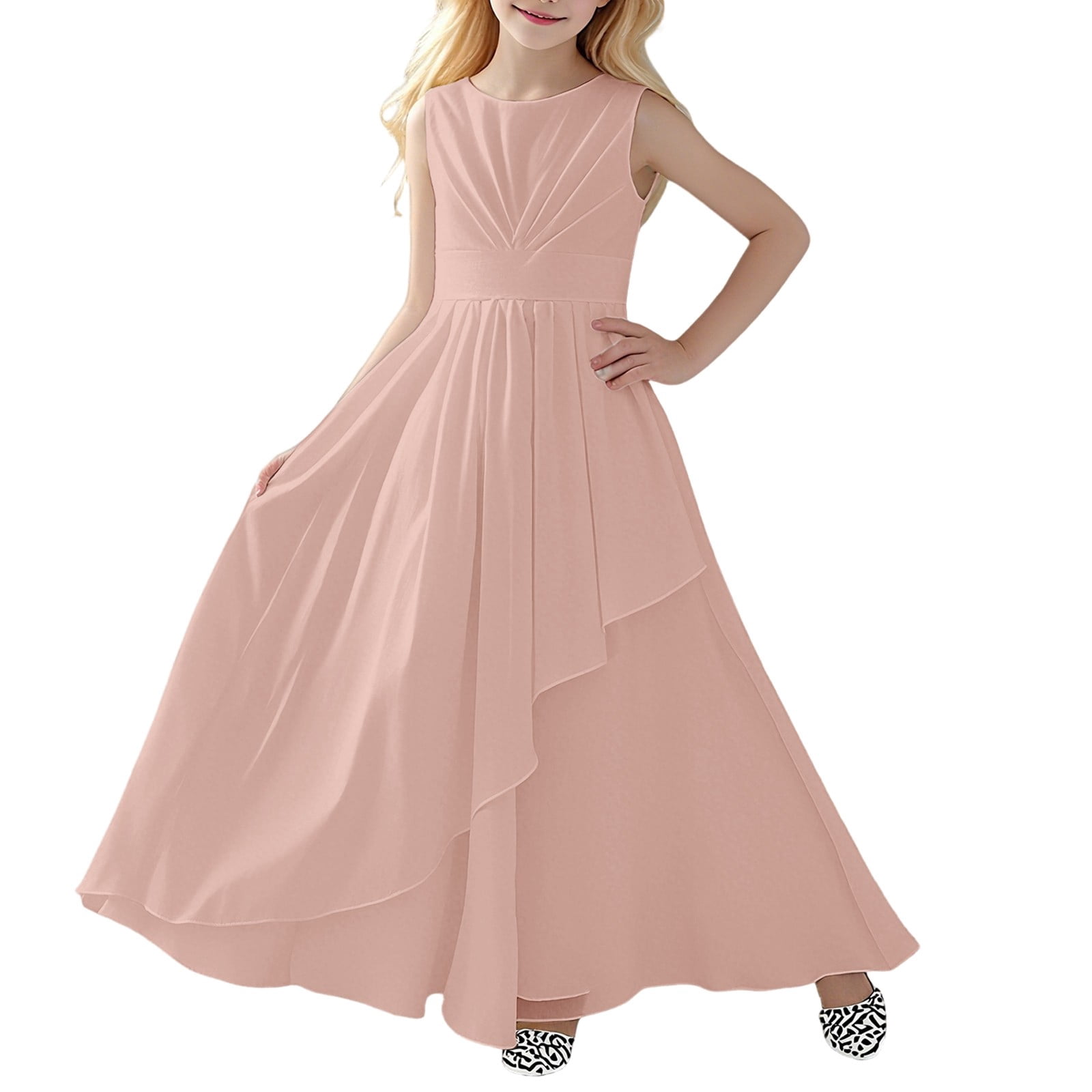 Wdgfv Girls Elegant Sleeveless Round Neck Party Dress For Kids Chiffon Flower Girl Bridesmaid Gown For Weddings Performances Outdoor Events Pink 110