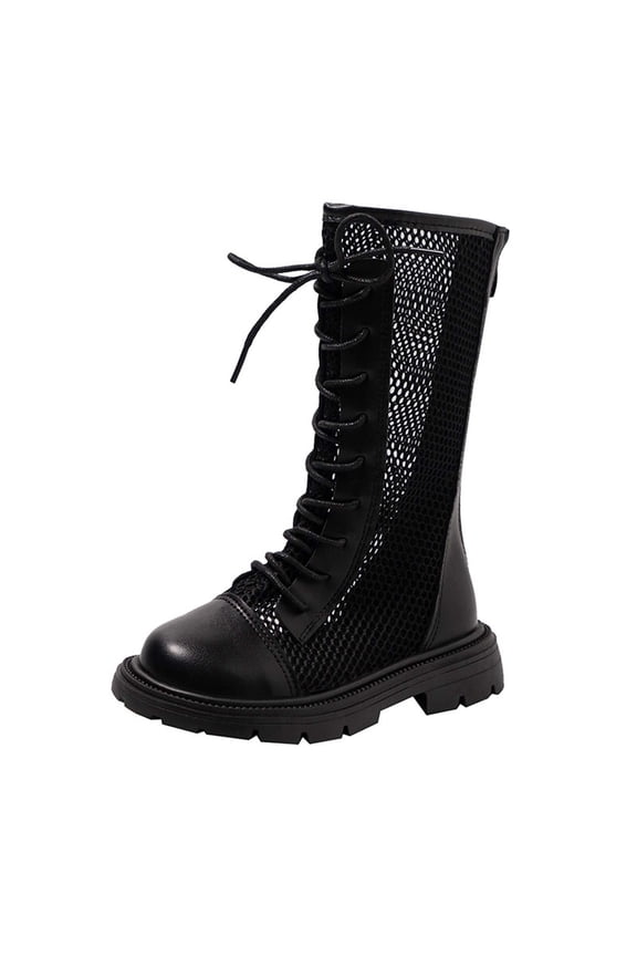 Girls Fashion Lace-Up Side Zipper Mid Calf Combat Riding Boots Breathable Mesh Fabric High Boots Lightweight Sandals 4-4.5 Years