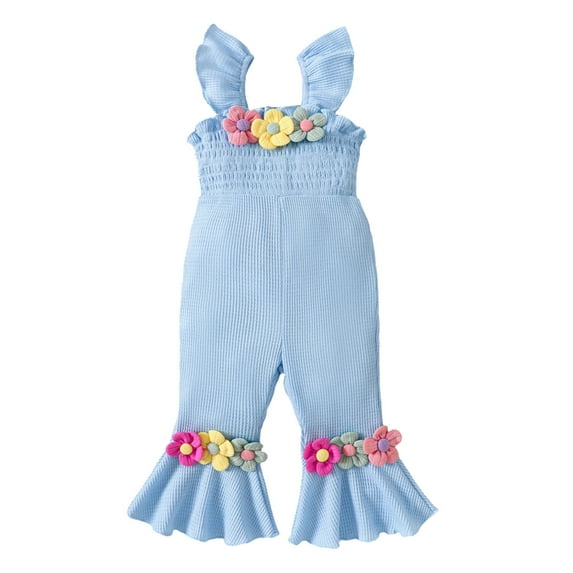 Wdgfv Girls Floral Romper Jumpsuit Fly Sleeve Baby Outfit Summer Spring Casual Playwear Blue 18-24 Months