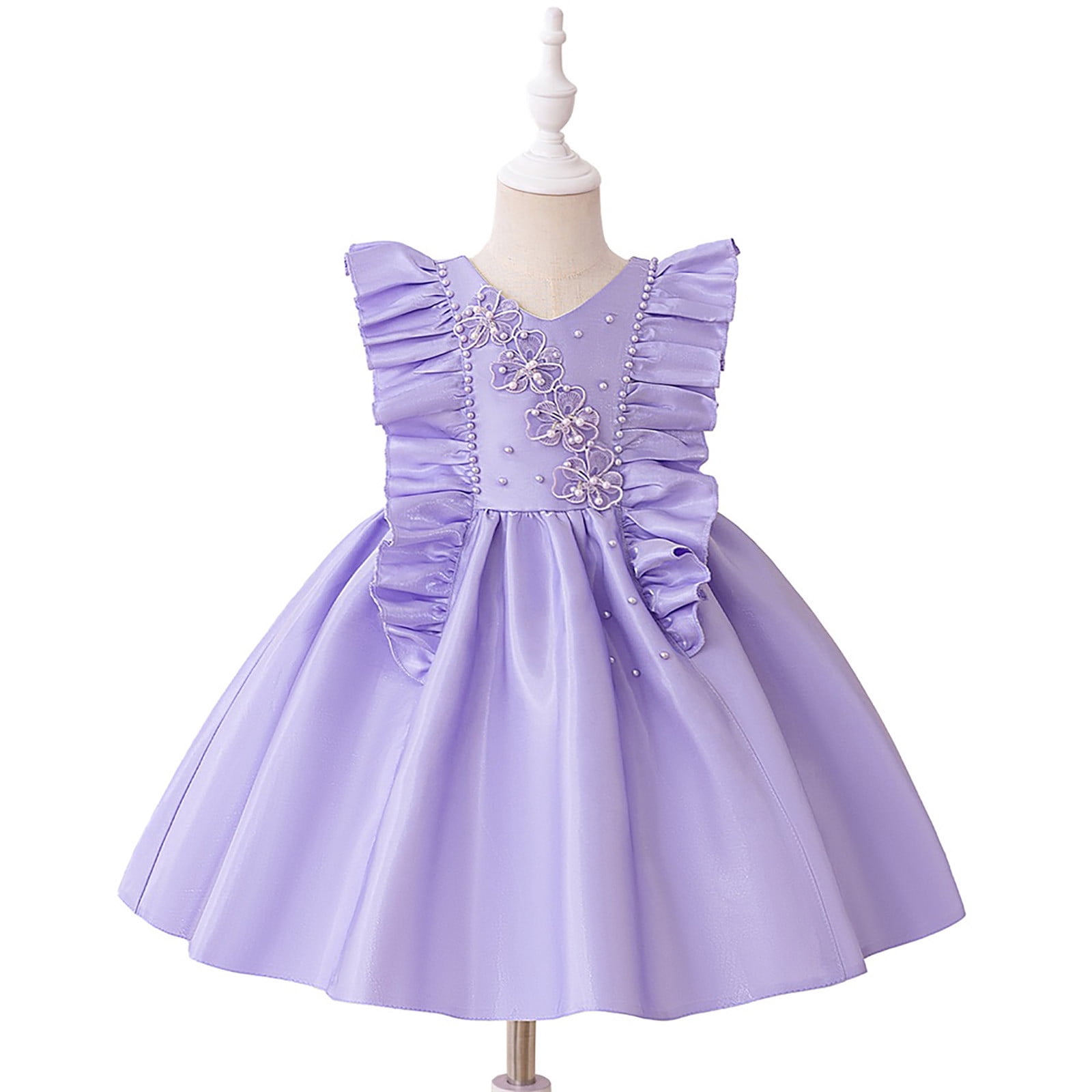 Wdgfv Girls Flutter Sleeve Beaded Dress Casual Party Wear Toddler Kids School Outdoor Comfortable Stylish Outfit Purple 3-4 Years