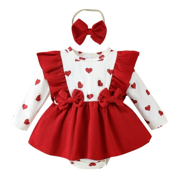Wdgfv Girls Footed Romper Girls Long Sleeve Ruffles Romper Skirts Valentine's Day Outfits Bodysuits with Red 0-3 Months