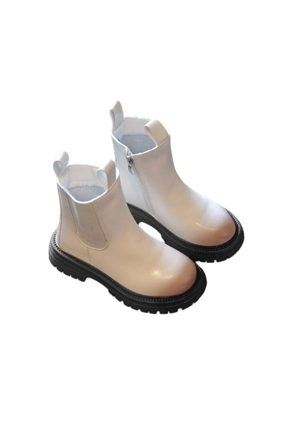 Girls Glitter Pearl Chain Boots British Style Leather Ankle Boots Soft Sole Fashion Winter Fall Big Kids Short Boots Beige 4.5-5 Years