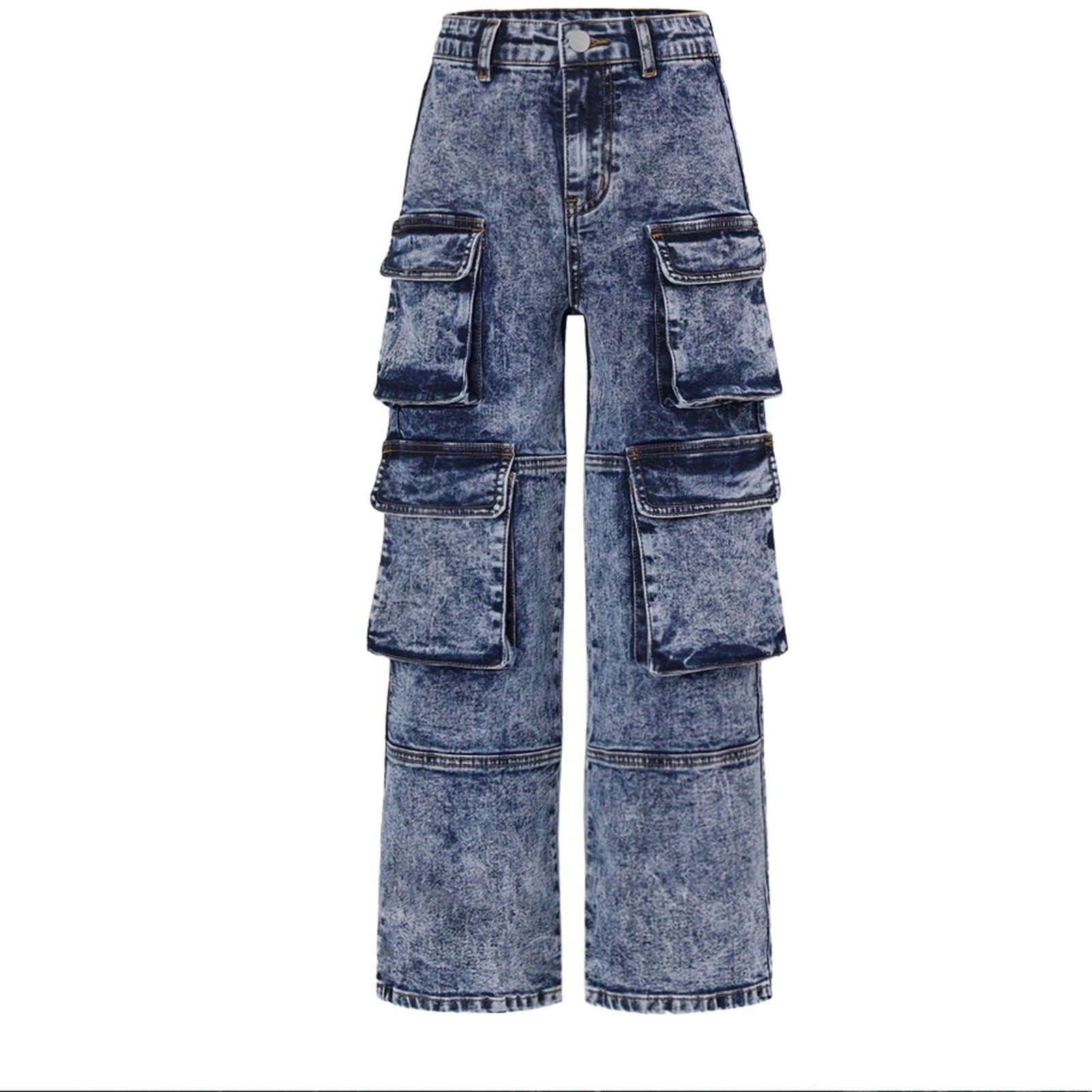 Wdgfv Girls High Waisted Cargo Denim Pants Casual Wide Leg Loose Fit Jeans with Pockets Streetwear Comfortable Stretchy Elastic Waist Blue 10-11 Years