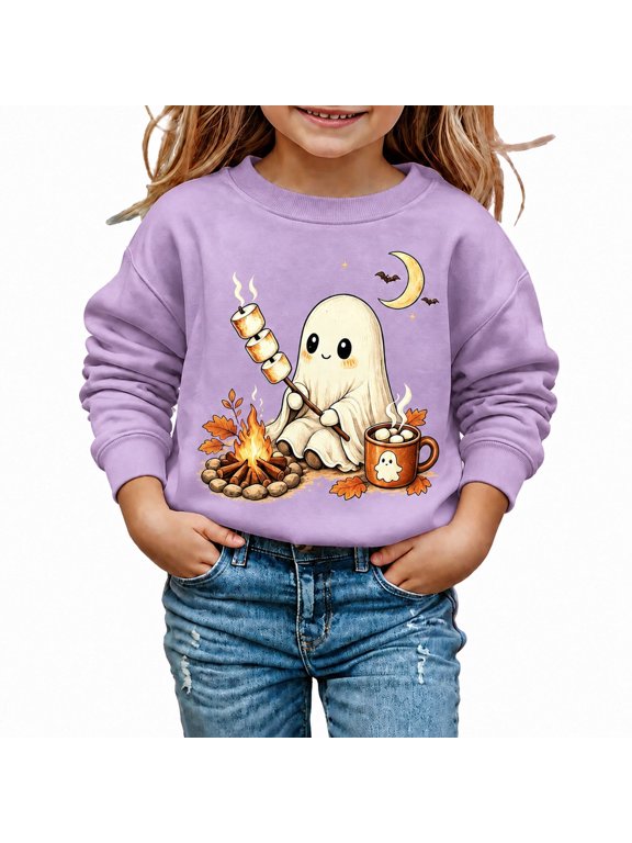 Girls Hoodies For Fall Winter Kids Halloween Funny Print Pullover Sweatshirt Cozy Warm Casual Crew Neck Youth Top 6-7 Years