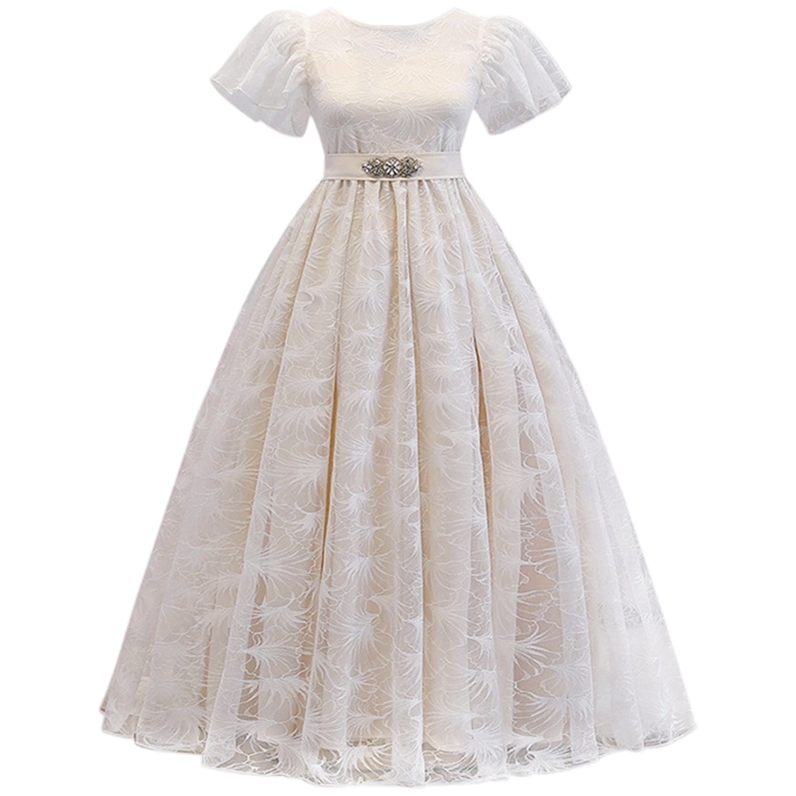 Wdgfv Girls Lace Dress Elegant Party Gown Floral Embroidery Tutu Outfit Comfortable Fashion Belted Casual Wear For 8-13 Years Old White 11-12 Years