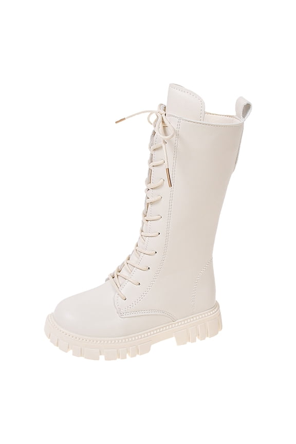 Girls Lace Up Riding Boots Mid Calf Combat Boots Fashion Waterproof Pu Leather Side Zipper Punk Goth Boot 9.5-10 Years