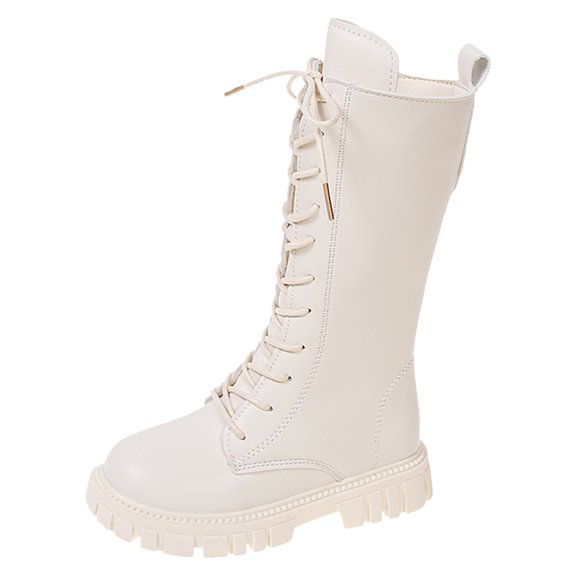 Wdgfv Girls Lace Up Riding Boots Mid Calf Combat Boots Fashion Waterproof Pu Leather Side Zipper Punk Goth Boot 9-9.5 Years