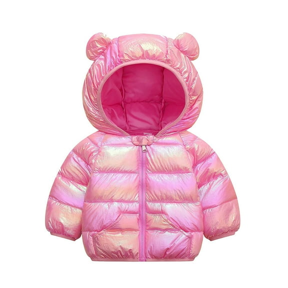 Wdgfv Girls' Leather Jacket Girls Winter Coat Hooded Jacket Windproof Warm Outwear for Toddler Boys Girls Hot Pink 12-18 Months