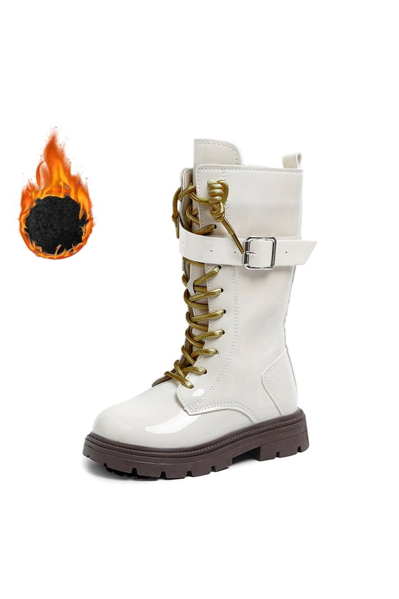 Girls Leather Riding Knee High Boots with Heart-shaped metal chain Side Zipper Fashion Round Toe Comfortable Low Heel Lace Up Combat Boots 4-4.5 Years