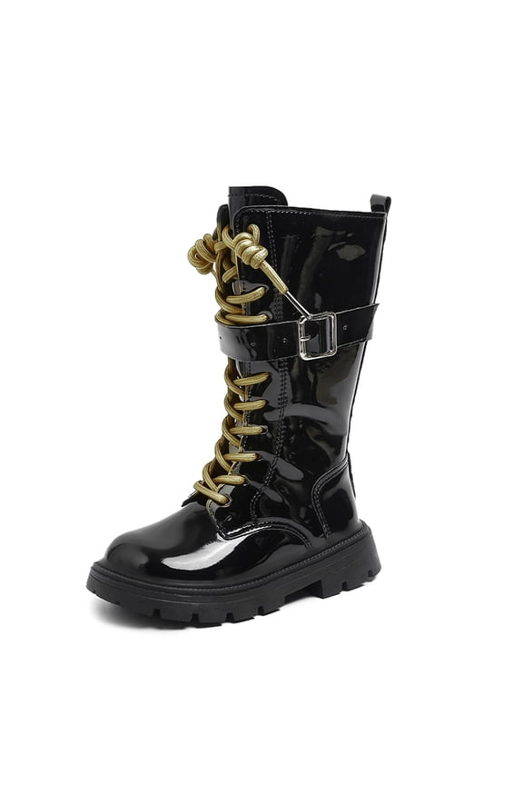 Girls Leather Riding Knee High Boots with Side Zipper Fashion Buckle Straps Comfort Round Toe Chunky Heel Lace Up Combat Boots 11.5-12 Years