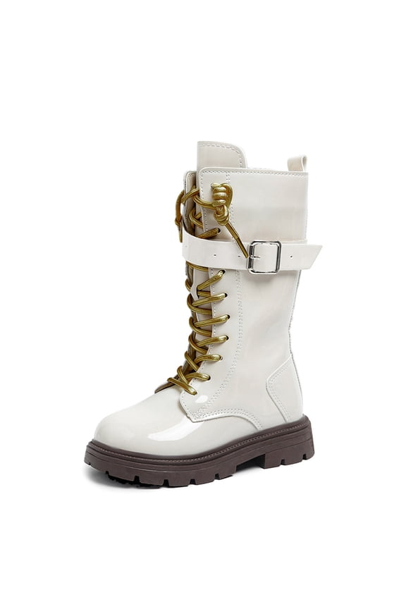Girls Leather Riding Knee High Boots with Side Zipper Fashion Buckle Straps Comfort Round Toe Chunky Heel Lace Up Combat Boots 6-7 Years