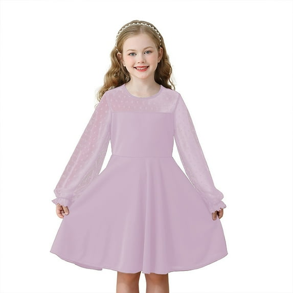 Wdgfv Girls Long Sleeve Lace Dress Solid Color Cute Elegant Party Casual Flowy A-Line Outfit for Kids 6-12 Years Beige 12-13