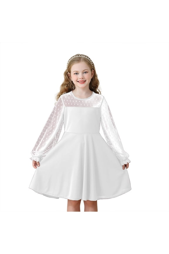 Girls Long Sleeve Lace Dress Solid Color Cute Elegant Party Casual Flowy A-Line Outfit for Kids 6-12 Years White 8-9