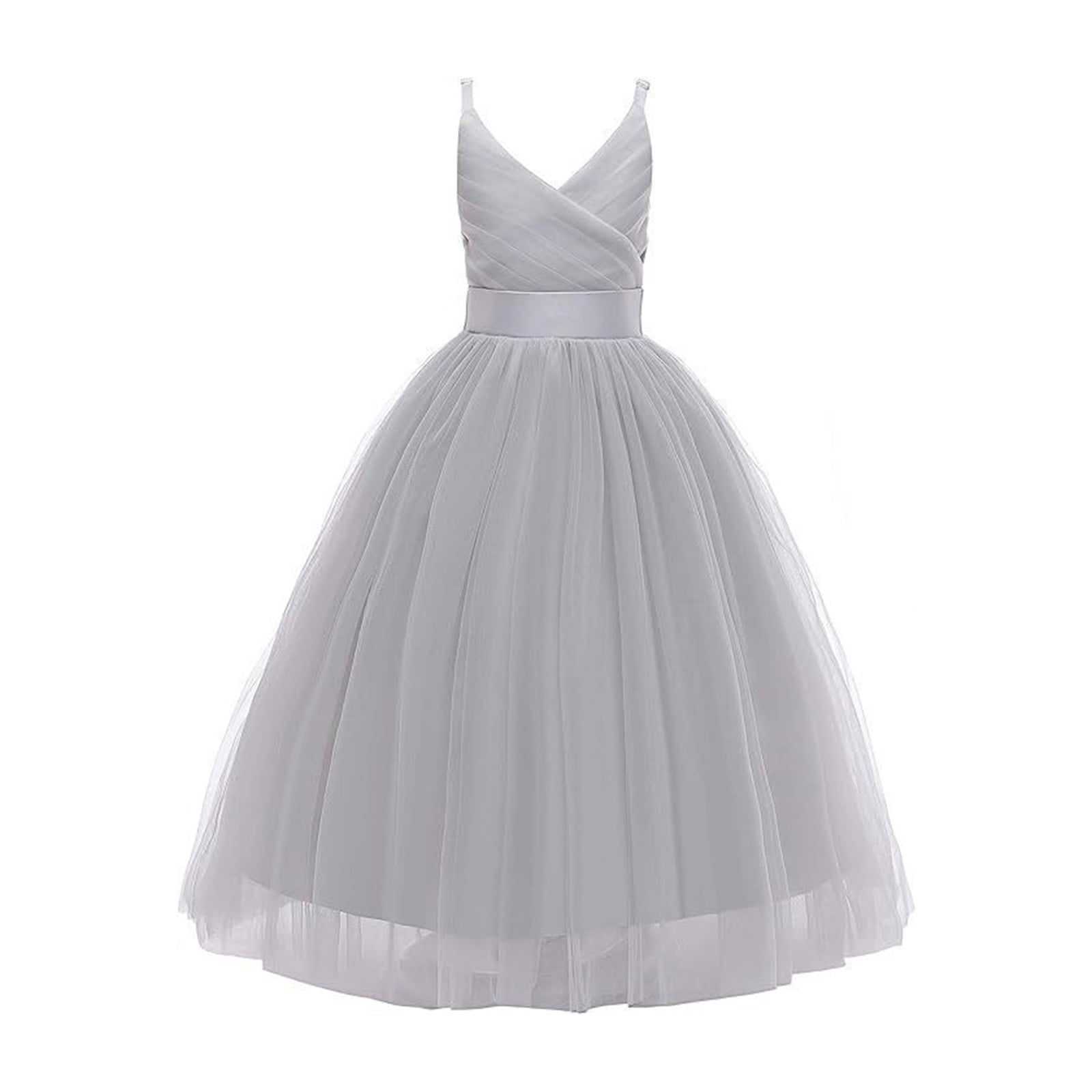 Wdgfv Girls Mesh Lace Suspender Puffy Dress Elegant Birthday Party Gown for Kids Toddler Fairy Prom Pageant Outfit Grey 10-12 Years