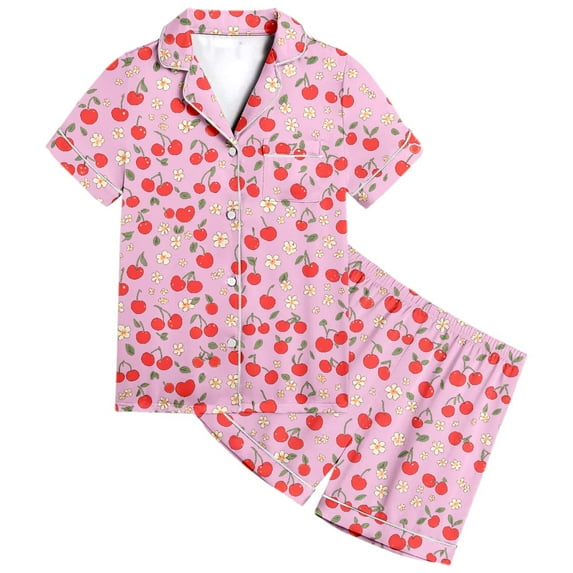 Wdgfv Girls Pajama Set 2 Piece Short Sleeve Top and Shorts Fruit Print Loungewear Comfortable Sleepwear for Kids Toddler Age 2-13 Casual Home Outfit Pink 12-13 Years