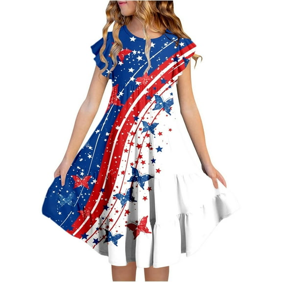 Wdgfv Girls Patriotic Flutter Sleeve Tiered Dress 4th Of July Print A Line Summer Dress With Pockets Comfortable Casual Toddler Kids Outfit Blue 12-13 Years