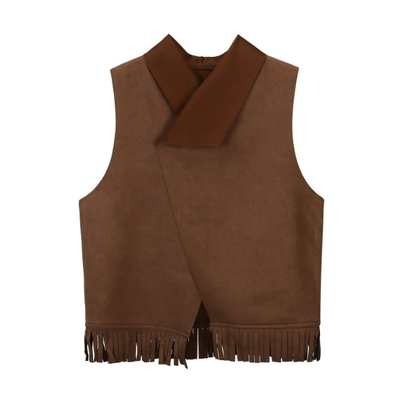 Wdgfv Girls' Puffer Coat Western Cowboy Vest Outfits for Kids Fringe Tassel Dress Up Party Play Pretend Open Brown 3-4 Years
