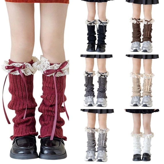 Wdgfv Girls Ribbed Knit Leg Warmers with Cute Bow, Solid Color Slouchy Leg Covers, Soft Stretch Kids Princess Leg for Dress Outfits One Size