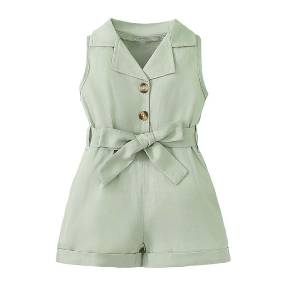 Wdgfv Girls Romper Jumpsuit Toddler Baby Classic Lapel Belted Overall Shorts Bodysuit Comfortable Stylish Outfit Green 0-3 Months