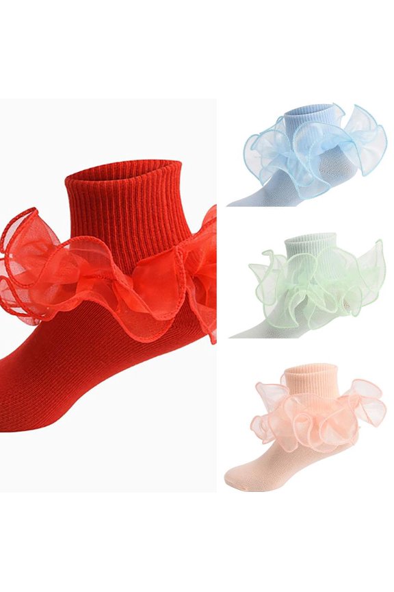 Girls Ruffle Socks Toddler Girl Frilly Dress Socks Double Lace Big Ruffles Fold Over Church Fancy Sock 4-6 Years
