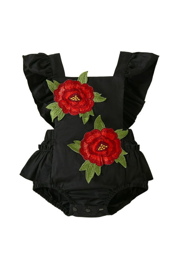 Girls' Ruffled Onesie Girls Bodysuits Floral Embroidery Ruffles Romper Sleeve Jumpsuit Clothes Baby Fly Soft Black 9-12 Months