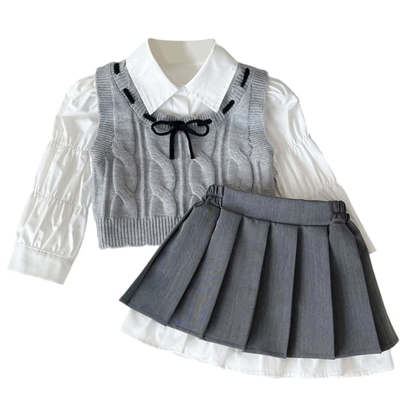 Wdgfv Girls' School Style Outfit Set Woolen Vest Pleated Skirt Shirt Combo for Autumn Spring Season Toddler to Kids Fashion Grey 2-3 Years