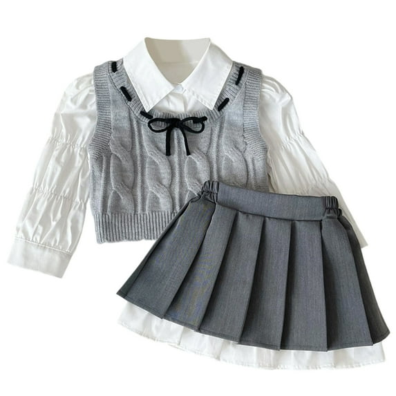 Wdgfv Girls' School Style Outfit Set Woolen Vest Pleated Skirt Shirt Combo for Autumn Spring Season Toddler to Kids Fashion Grey 3-4 Years
