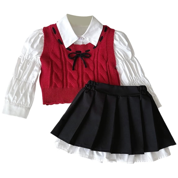 Wdgfv Girls' School Style Outfit Set Woolen Vest Pleated Skirt Shirt Combo for Autumn Spring Season Toddler to Kids Fashion Red 4-5 Years