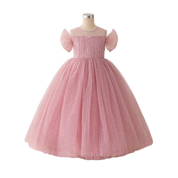 Wdgfv Girls Sequin Party Dress Elegant Beaded Puffy Gown for Birthday Pageant Prom Graduation Casual Wear Age 7-12 Years Pink 7-8 Years