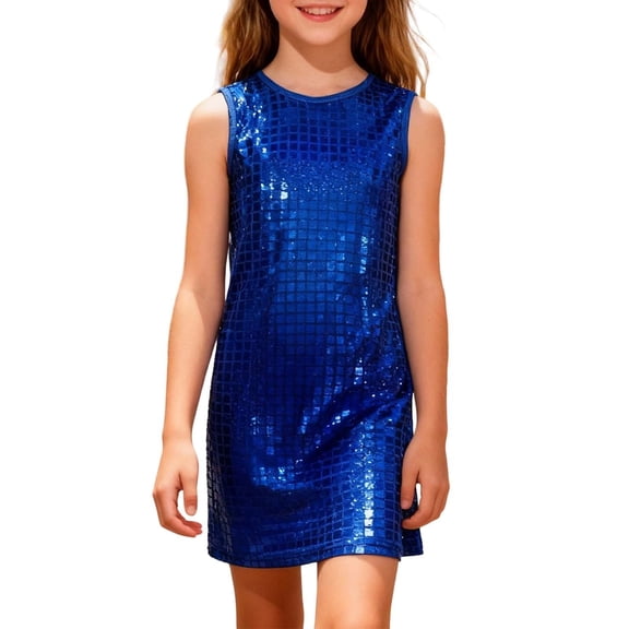Wdgfv Girls Sequins Dress Sleeveless Crewneck High Waist A Lined Holiday Wedding Prom Dance Dresses Blue 3-4 Years
