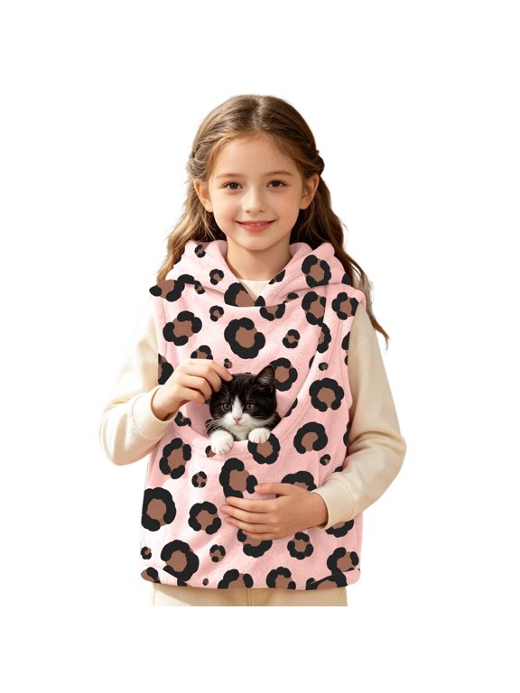 Girls Sleeveless Hooded Sherpa Waistcoat, Black Polka Dot Pet Pocket Casual Kids Pullover 13-14 Years
