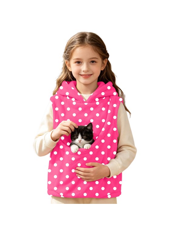 Girls Sleeveless Hooded Sherpa Waistcoat, Black Polka Dot Pet Pocket Casual Kids Pullover 5-6 Years