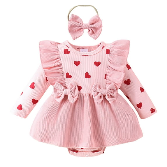 Wdgfv Girls' Snap Closure Romper Girls Long Sleeve Ruffles Romper Skirts Valentine's Day Outfits Bodysuits with Pink 0-3 Months