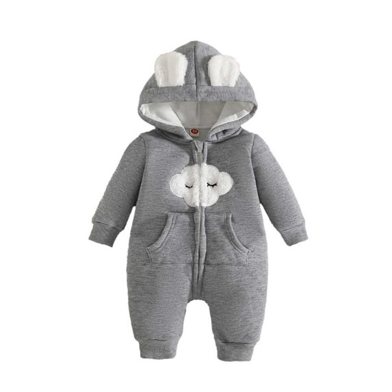 Wdgfv Girls' Soft Onesie Baby Girls Long Sleeve Hooded Bodysuit Winter Cloud Embroidery Zip Up Romper Soft Comfortable Casual Outfit Grey 3-6 Months