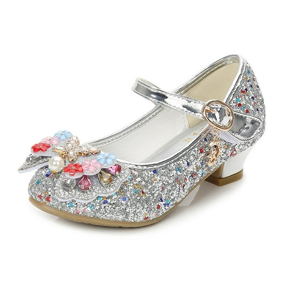 Wdgfv Girls Sparkly Sandals Low Heel Bling Dress Shoes for Toddler Kids Party Silver 12-12.5 Years