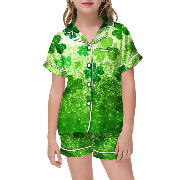 Wdgfv Girls' St Patrick's Day Pajama Set Short Sleeve Button Up Top with Matching Shorts Comfortable Sleepwear for Kids Holiday Themed Outfit Green 10-11 Years