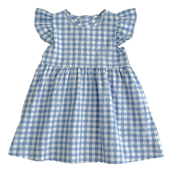 Wdgfv Girls Summer Dress Flared Sleeves Checkered Pattern Adorable Outfit Casual Party Wear Toddler Kids Clothing Blue 6-7 Years