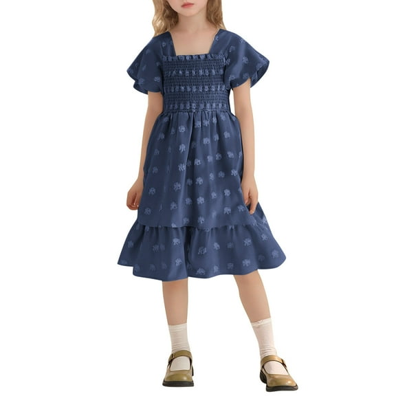Wdgfv Girls Summer Dress Short Sleeve Casual Outfit for Outdoor Play Park Home Comfort Age 2 to 16 Years Spring Summer Twirl Midi Navy 2-3 Years