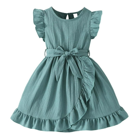 Wdgfv Girls Summer Dresses Casual Comfortable Flutter Sleeve Striped Round Neck Belted Toddler Kids Dress Age 3-7 Army Green 5-6 Years
