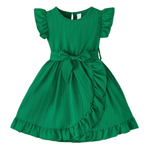 Wdgfv Girls Summer Dresses Casual Comfortable Flutter Sleeve Striped Round Neck Belted Toddler Kids Dress Age 3-7 Green 3-4 Years